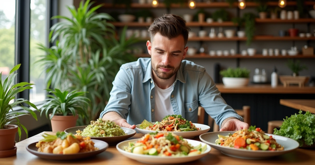 Felipe Ramos, a young vegan, looking at restaurant options on his phone.